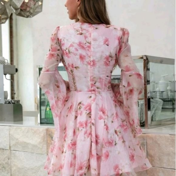 PINK ELEGANT FLORAL FIT AND FLARE DRESS - Picture 2 of 8